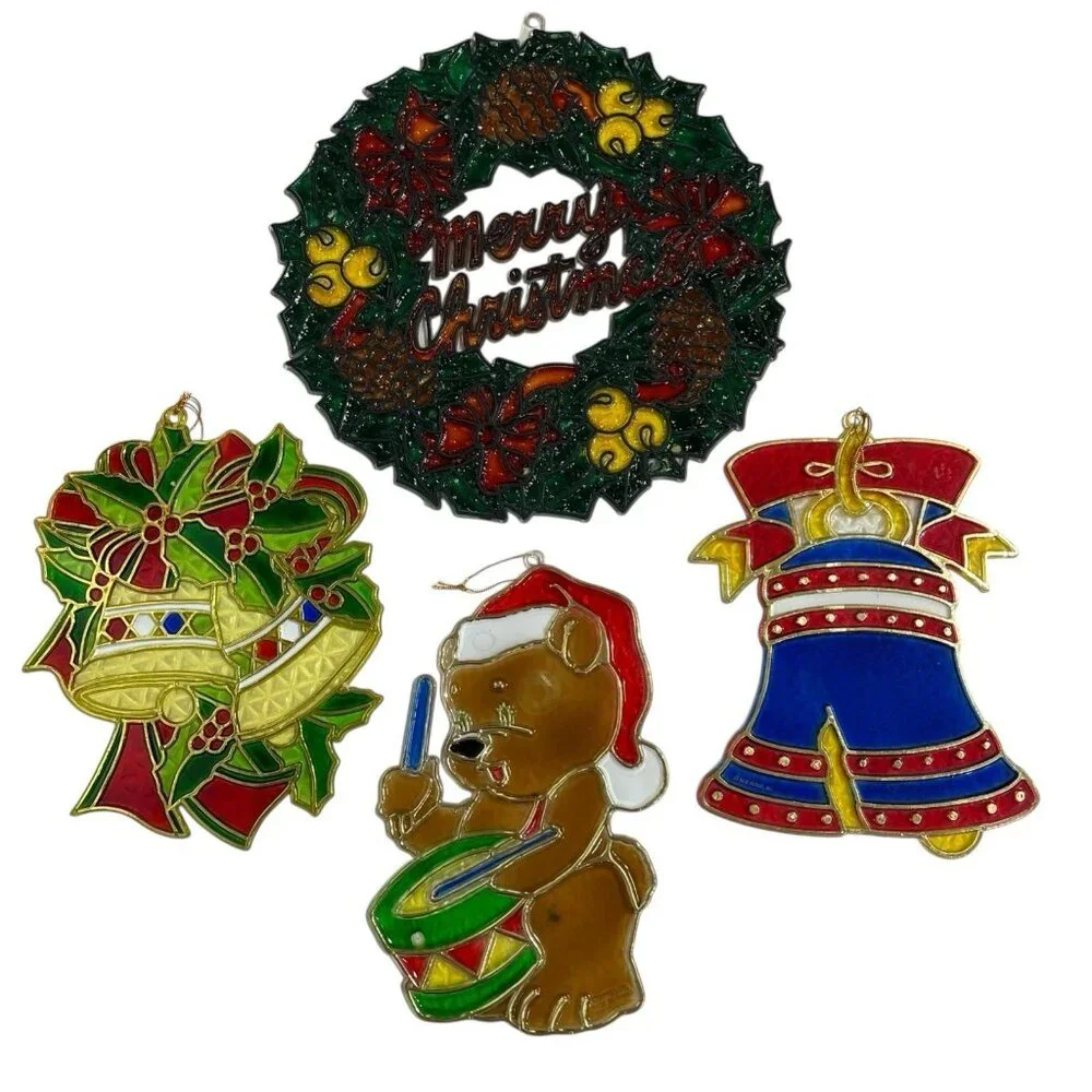 Vintage Christmas Stained Glass Plastic Window Decorations Set of 4 Wreath Bell